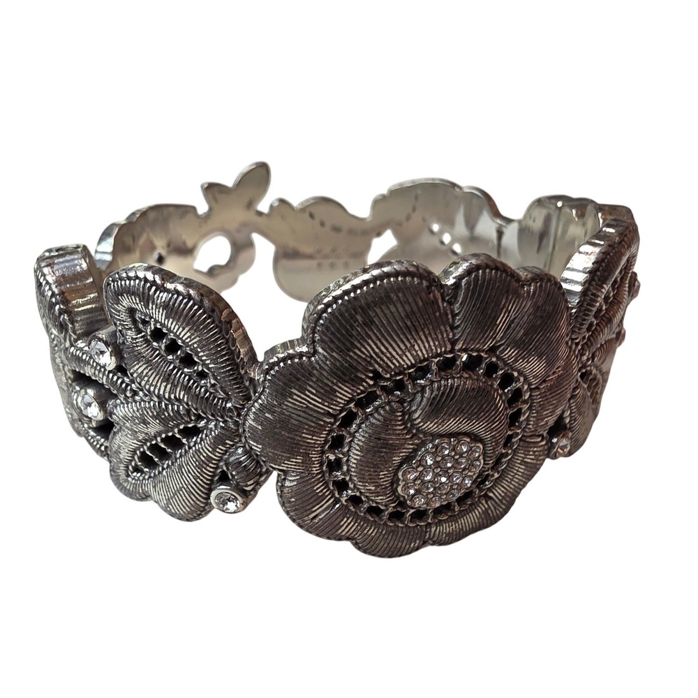 Brighton Silver Tone Floral Crystal Hinged Cuff Bracelet Statement Jewelry